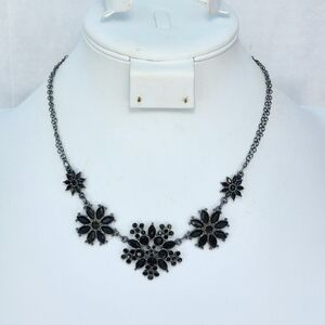 Black Rhinestone Flower Gunmetal Tone Necklace